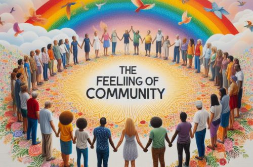 Eine bunte Gruppe von Menschen steht im Kreis und hält sich an den Händen. In der Mitte steht auf englisch: Das Gemeinschaftsgefühl.