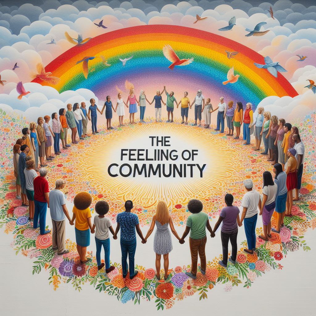 Eine bunte Gruppe von Menschen steht im Kreis und hält sich an den Händen. In der Mitte steht auf englisch: Das Gemeinschaftsgefühl.